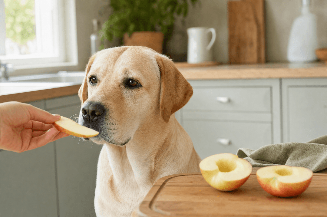 Labrador being offered a slice of apple beside a chopping board