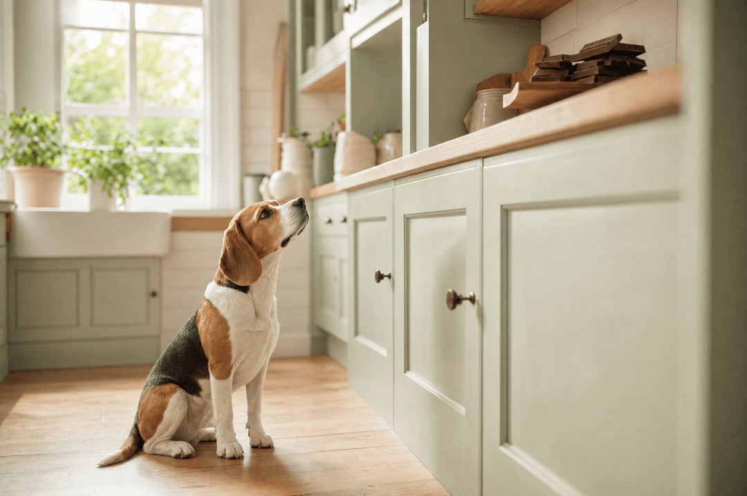 Beagle gazing up at chocolate bars out of reach on a high shelf