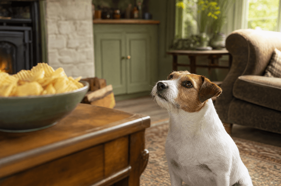 Jack russell looking up at a bowl of crisps on a coffee table