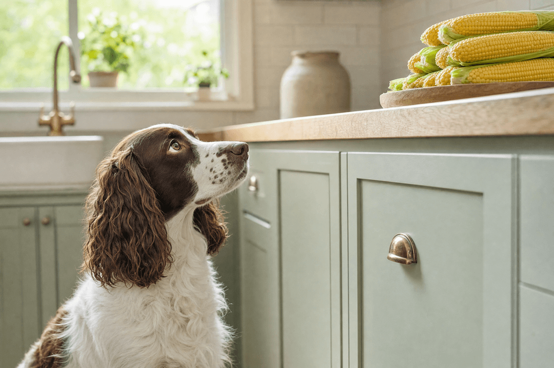 Spaniel looking up at corn on the cob out of reach on a counter