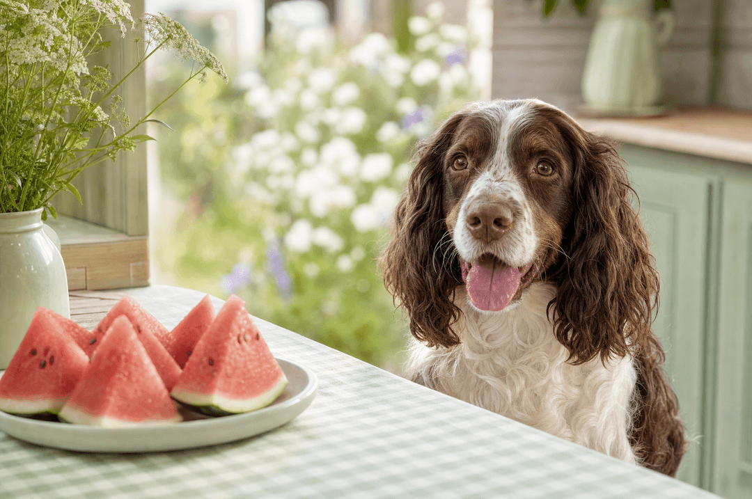 Spaniel beside a plate of watermelon slices on a picnic table