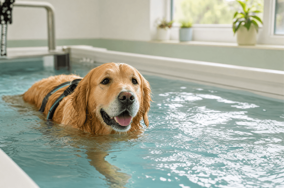 Golden retriever swimming in a hydrotherapy pool